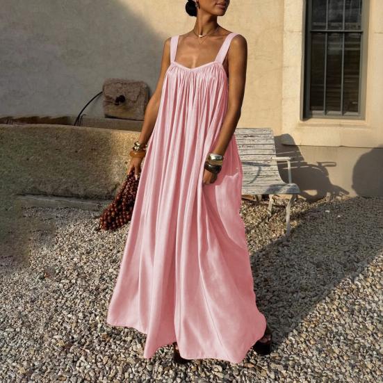 Women Summer Dress Sleeveless Spaghetti Strap Pleated Maxi Dress Beach Vacation Loose Flowy Sundress