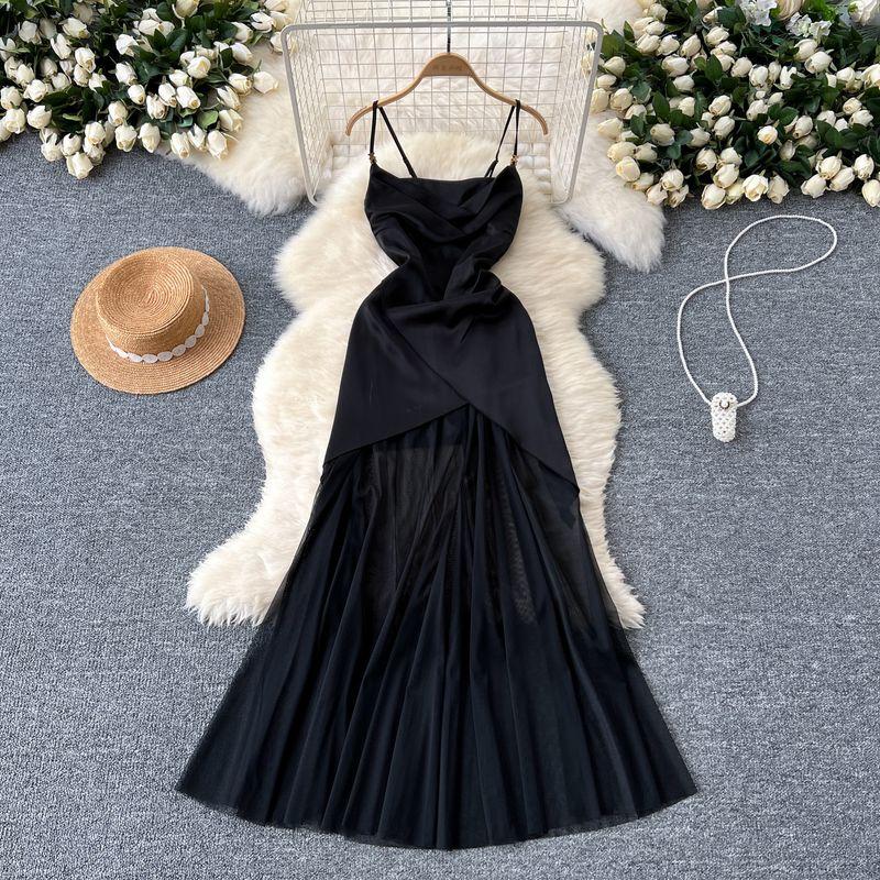 

Classy Niche Style Formal Dress for Women Stylish Scheming Swing Collar Straps Tulle Patchwork Satin Waist-Tight Slimming Dress Black XL