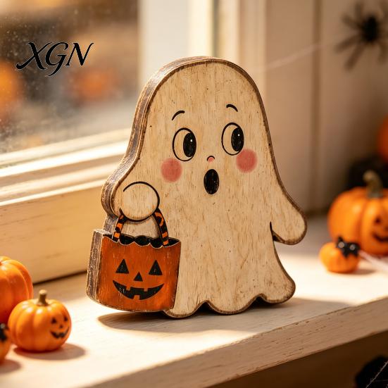 Rustic Ghost Wood Decoration Halloween Haunted House/Cute Wooden Table Ornaments, Farmhouse Tiered Tray Holiday Home Centerpieces Decor, Vintage
