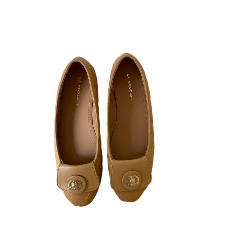 2025 Spring and Autumn New Fashion Round Head Shallow Mouth Flat Bottom Gold Buckle Diamond Single Shoes Small Fragrant Comfortable Women's Shoes