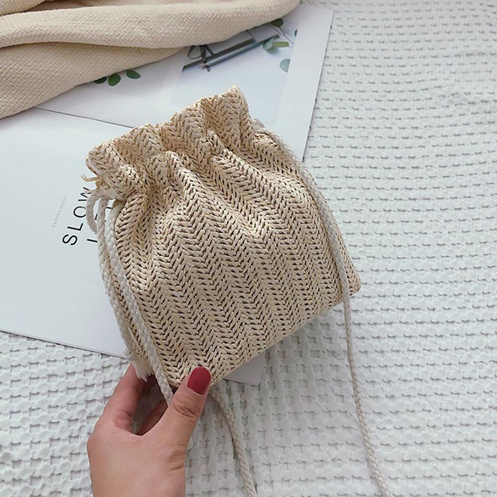 Women Woven Bucket Sling Bag Handmade Cherry Small Weave Straw Bag Drawstring Crossbody Bag Girls Outdoor Daily Bag