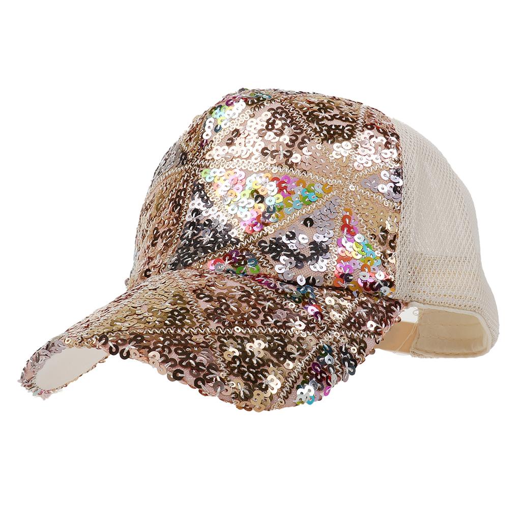 Fashion Ladies Mixed‑Color Sequin Trucker Cap, Geometric Lattice Mesh Back Peaked Hat, Adjustable Sun Protection Baseball Hat for Vacation Club