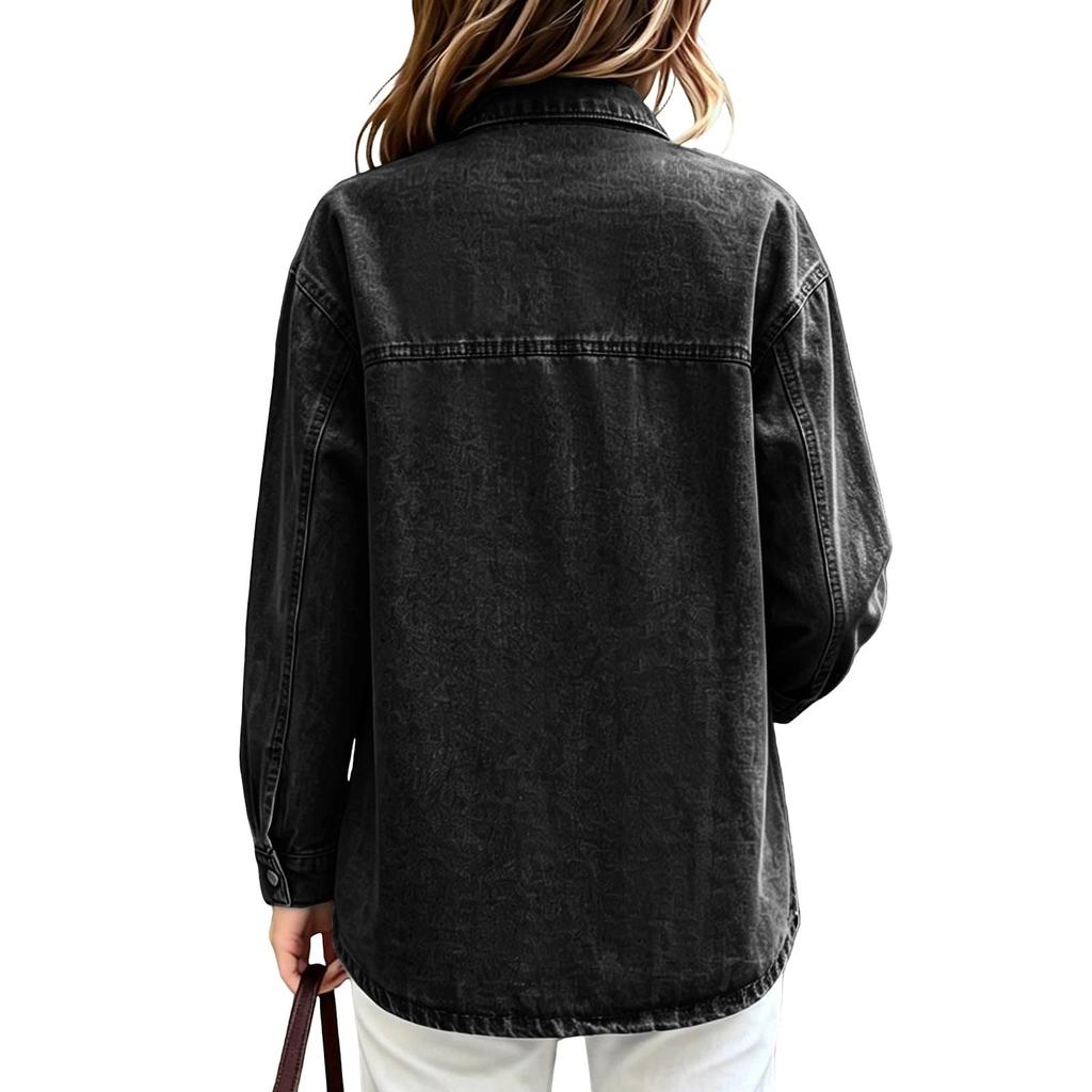 Women's Casual Loose Fit Denim Jacket with Lapel Collar, Drop Shoulder, Long Sleeve, Single Breasted, Two Large Patch Pockets