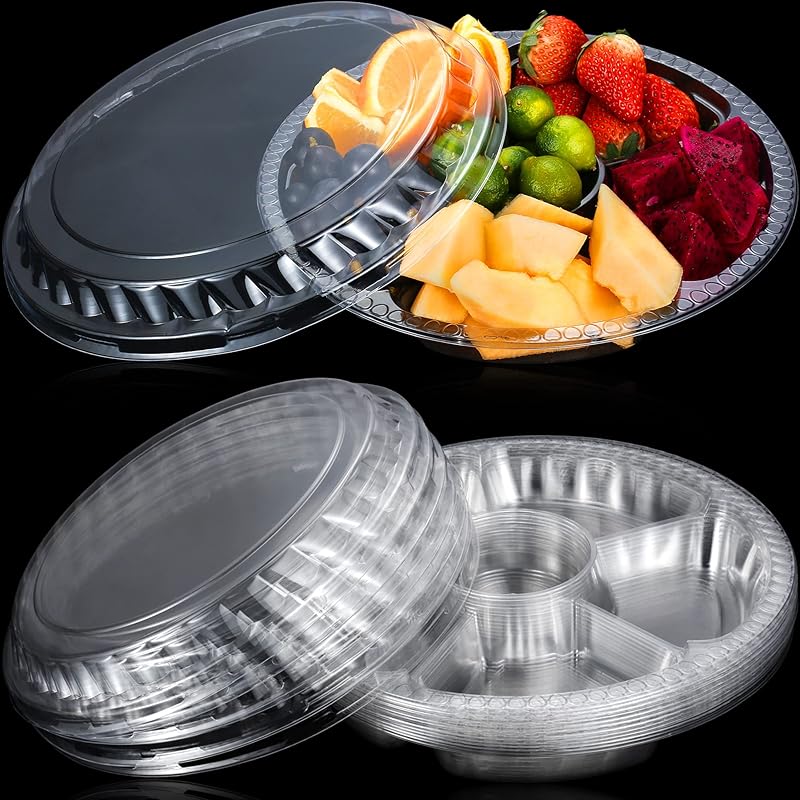 12 Pack Round Plastic Veggie Tray with Lid Fruit Tray 6 Divided Compartment Container Food Serving Dip Platter Reusable Catering Trays for Veggie 10inch