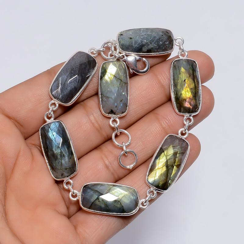 Exclusive Top Grade Qualite 100% Natural Labradorite Radiant Shape Ethnic Style Handmade Jewelry 925 Steling Silver Bracelet 9" WSJ-5244