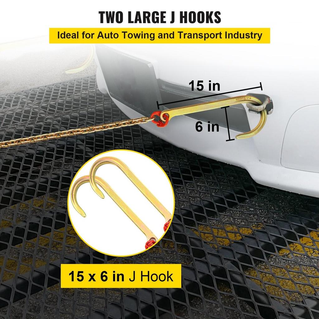 J Hook Chain, 5/16 in x 10 ft Bridle Tow Chain, G80 Bridle Transport Chain, Alloy Steel Chain with 2 G70 J Hooks, 9260 Lbs Break Strength Tow Hooks