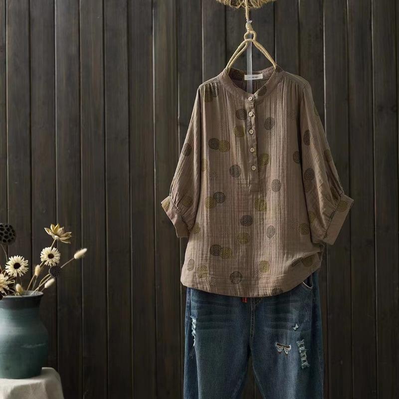Autumn Double-layer Cotton Yarn Blouses & Shirts Printed Plus Size Shirt Loose Five Quarter Sleeve Stand Up Collar Top Cotton Yarn Shirt