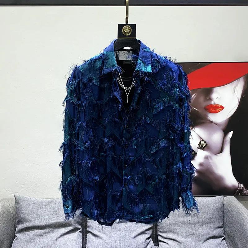 

Весенне-осенняя модная рубашка с длинным рукавом и кисточками для мужчин и женщин, сексуальная прозрачная блузка, костюм для сцены ночного клуба, диджея, хип-хопа 2XL