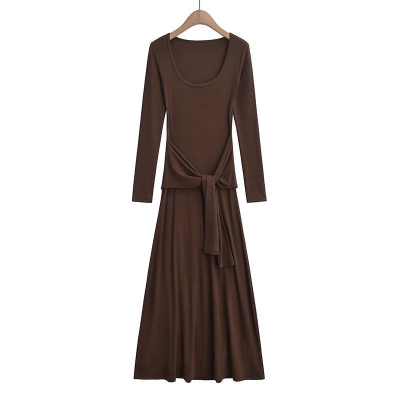 

Платье в корейском стиле с завязками на талии и длинными рукавами для женщин, коллекция осень 2024 г. S коричневый