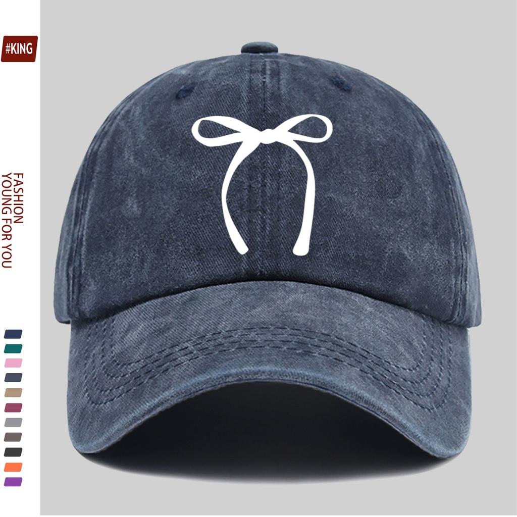 Bow Graphic Washed Baseball Cap Vintage Cotton Adjustable Casual Unisex Street Hat