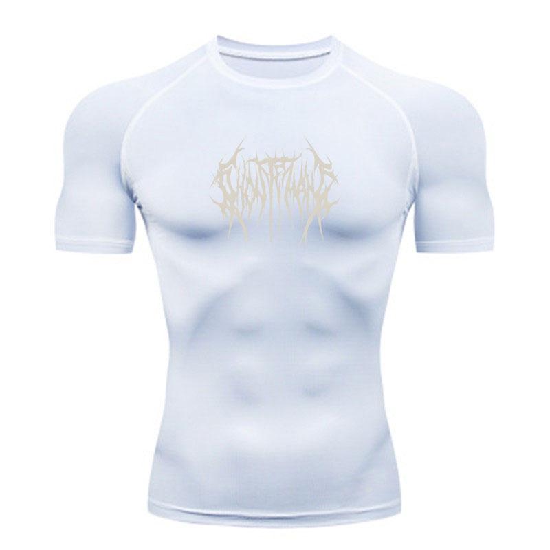 Men's Compression Athletic T-Shirt, Spiky Brutal Metal Text Print Quick Dry Breathable Workout Top for Gym Running Training Active Wear