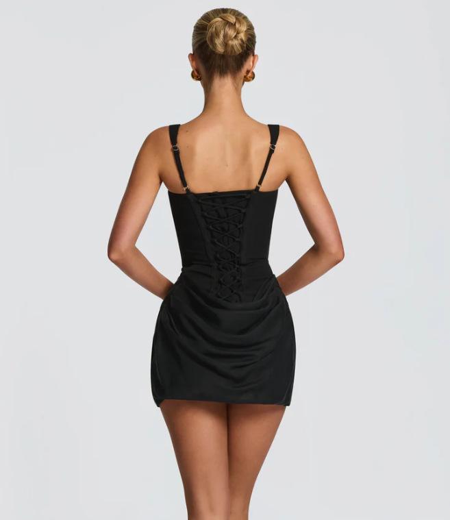 2026 Women's French Style Bodycon Square Neck Sleeveless Dress with Lace-up Waist