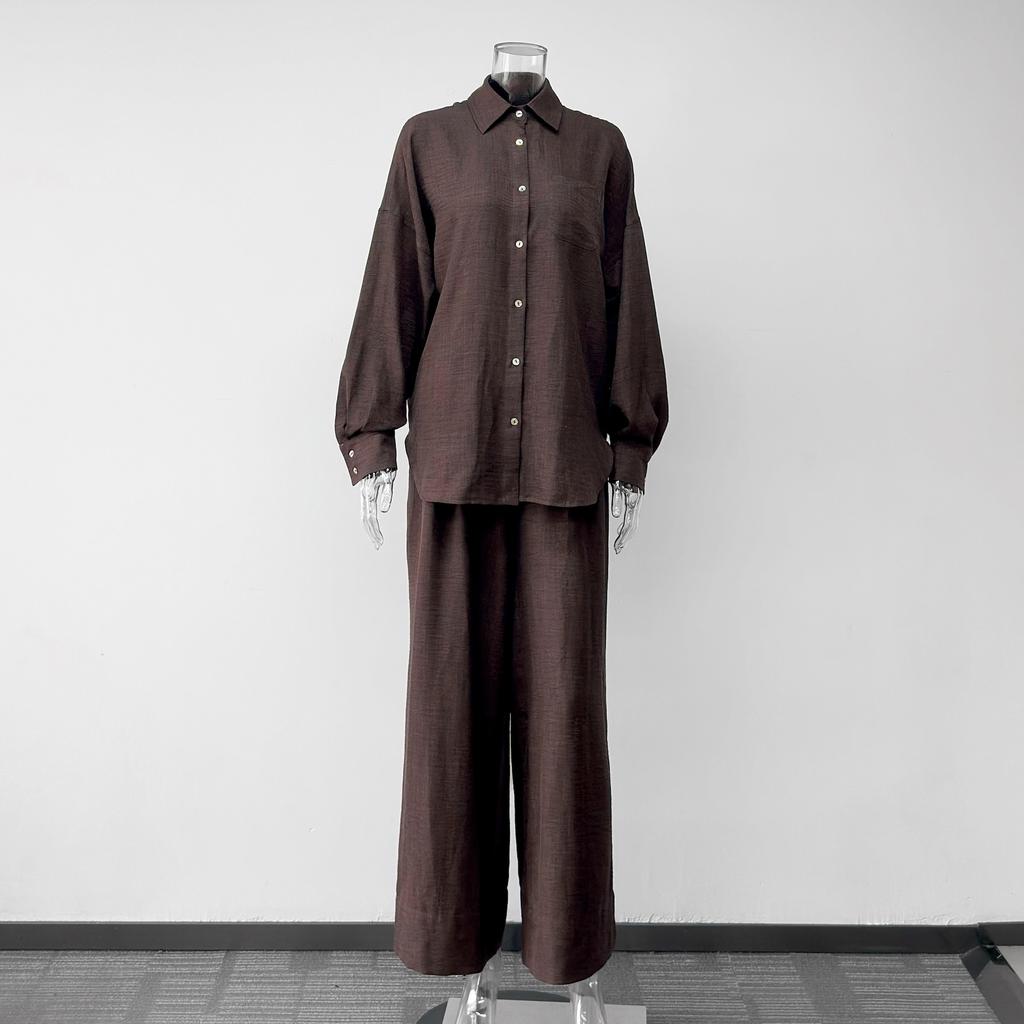 European and American women's clothing summer thin wear with sunscreen long-sleeved fashion foreign-style shirt wide-leg pants set