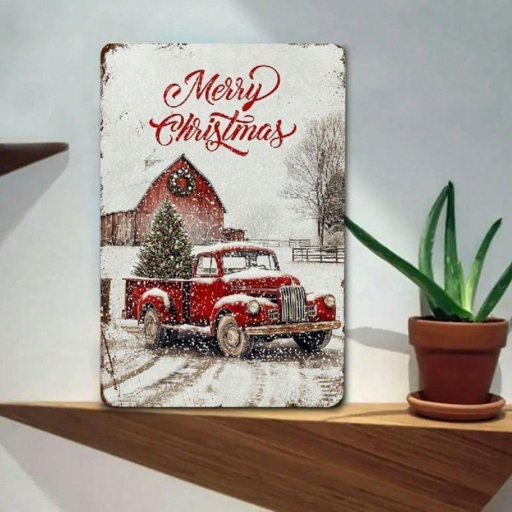 Vintage Merry Christmas Red Truck Metal Tin Sign 12x8 Inch, 2D Flat Rustic Snowy Wall Plaque for Home Yard