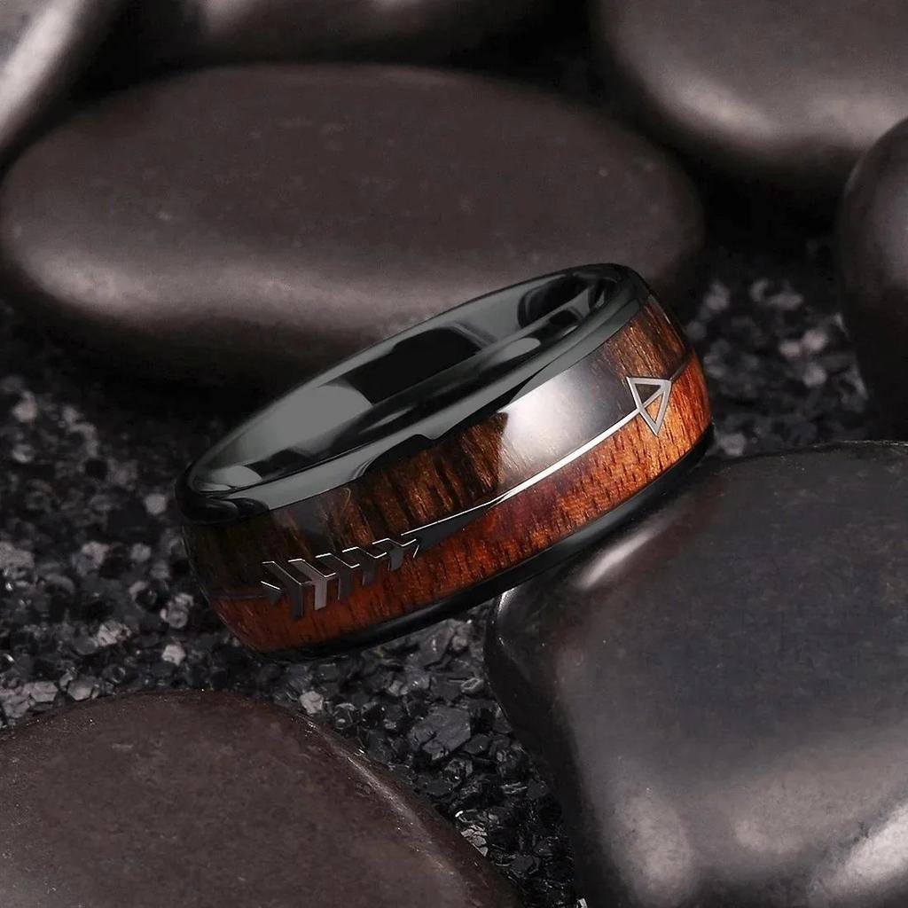 Fashion 8mm Men's Black Stainless Steel Ring Inlay Abalone Shell And Koa Wood Arrow Rings For Men Wedding Band Jewelry Drop Ship
