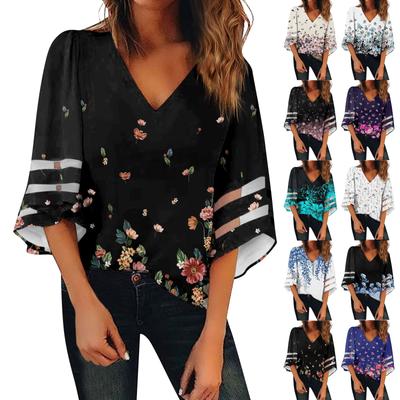 Damen Hemdbluse, lässig, lockere Hemden, Spitze, 3/4-Ärmel, Besätze, bedruckt, V-Ausschnitt, Oberteile, bedruckt, Oberteile, T-Shirts, T-Shirt