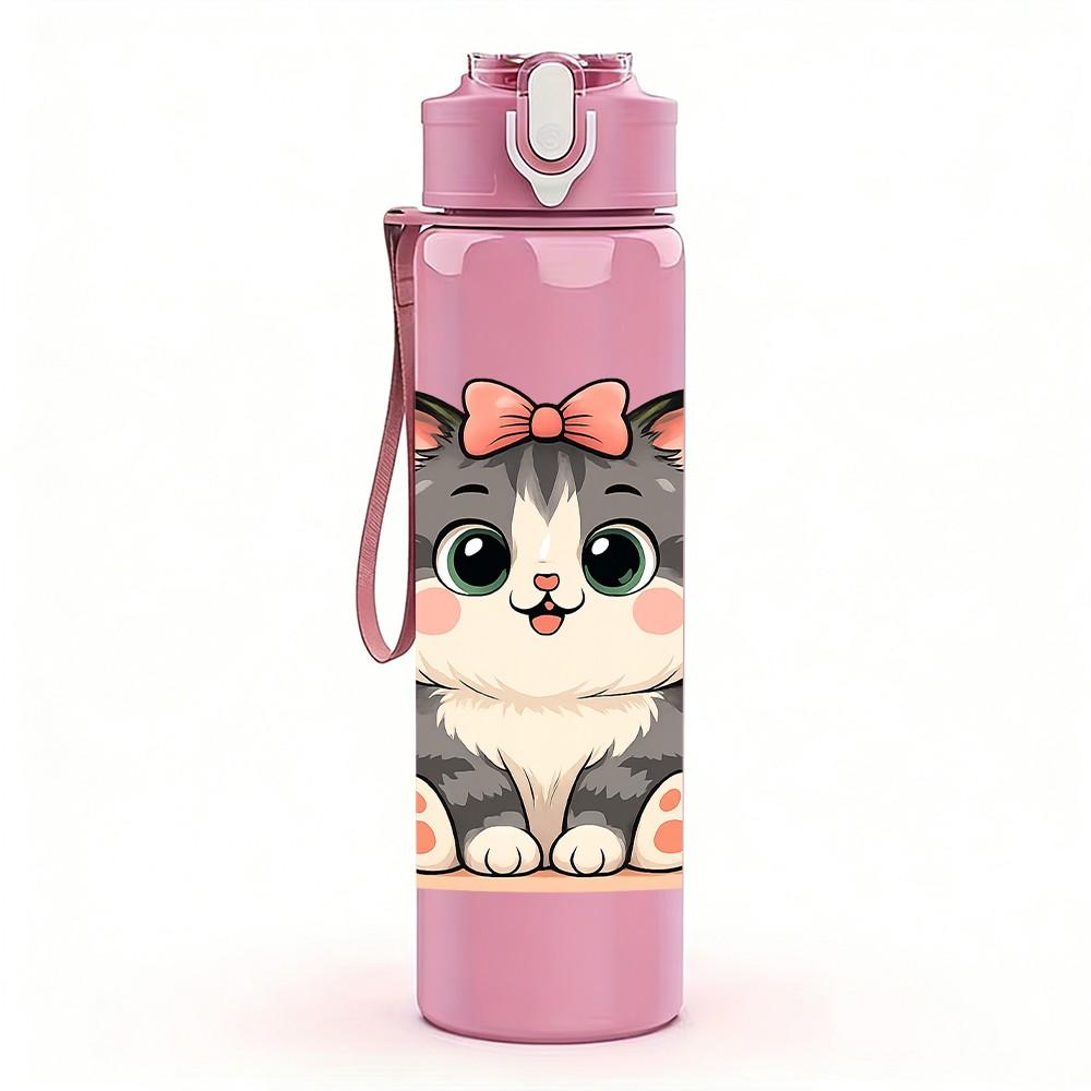 1PC Grey Kitten With Bow 750ml Color Plastic Sports Water Bottle Leakproof Flip Straw Lid Suitable for Sports Office Home Use