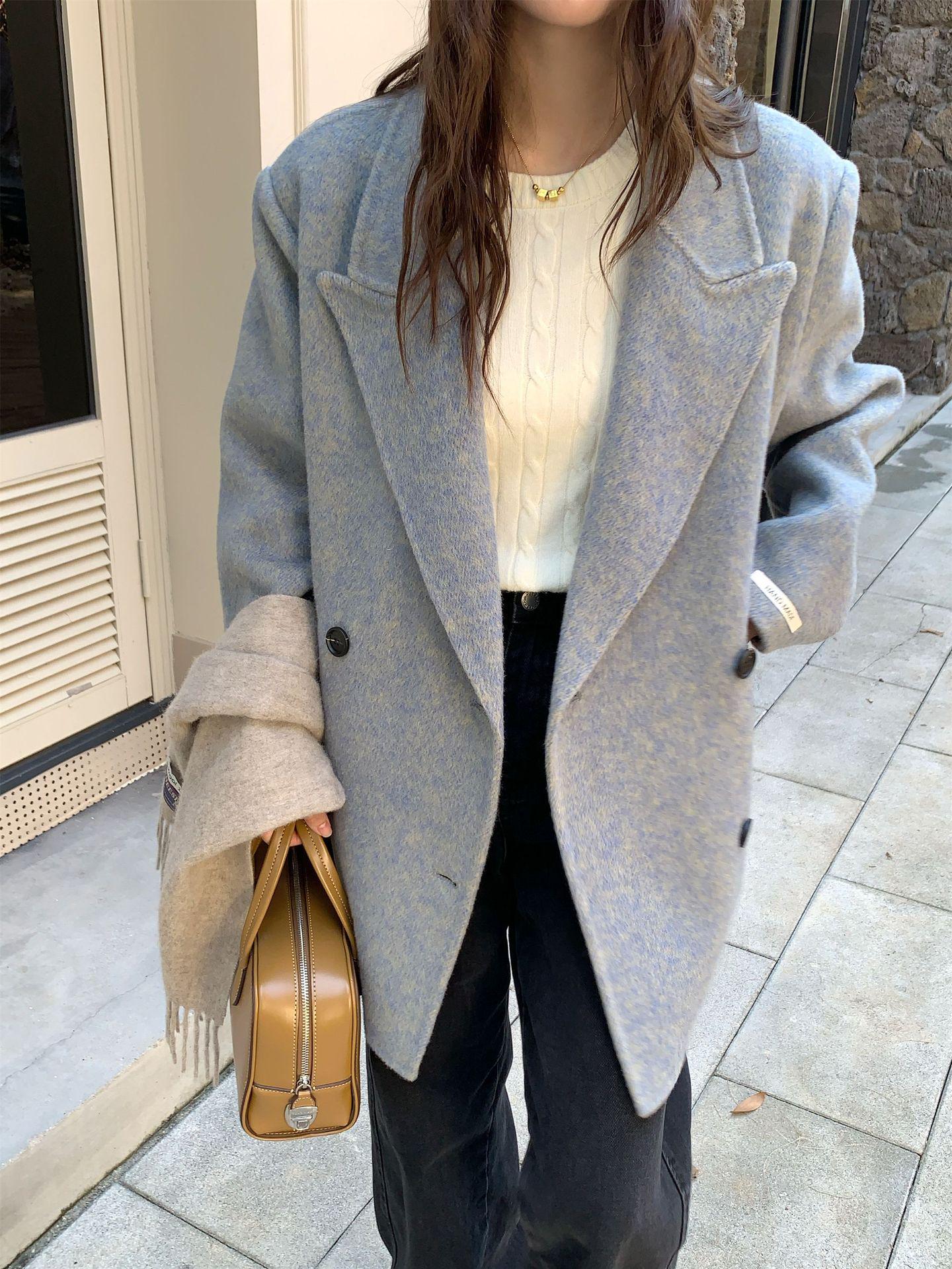 

Q063 Women s Korean Style Cashmere Coat: Loose Fit, Versatile, Designer Wool Overcoat Small