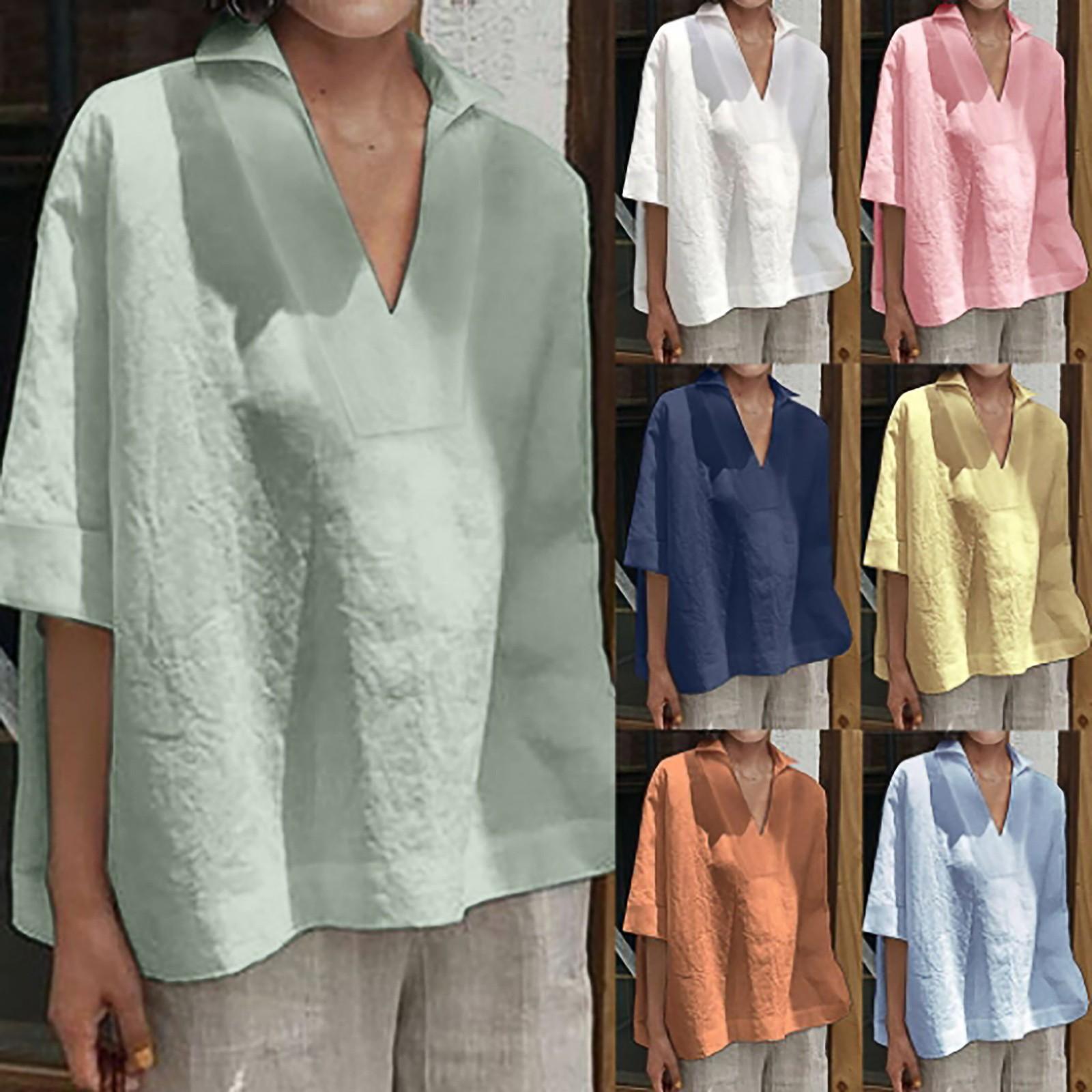 

Spring And Summer Women s Cotton And Linen Loose Solid Color V-neck Mid-sleeve S