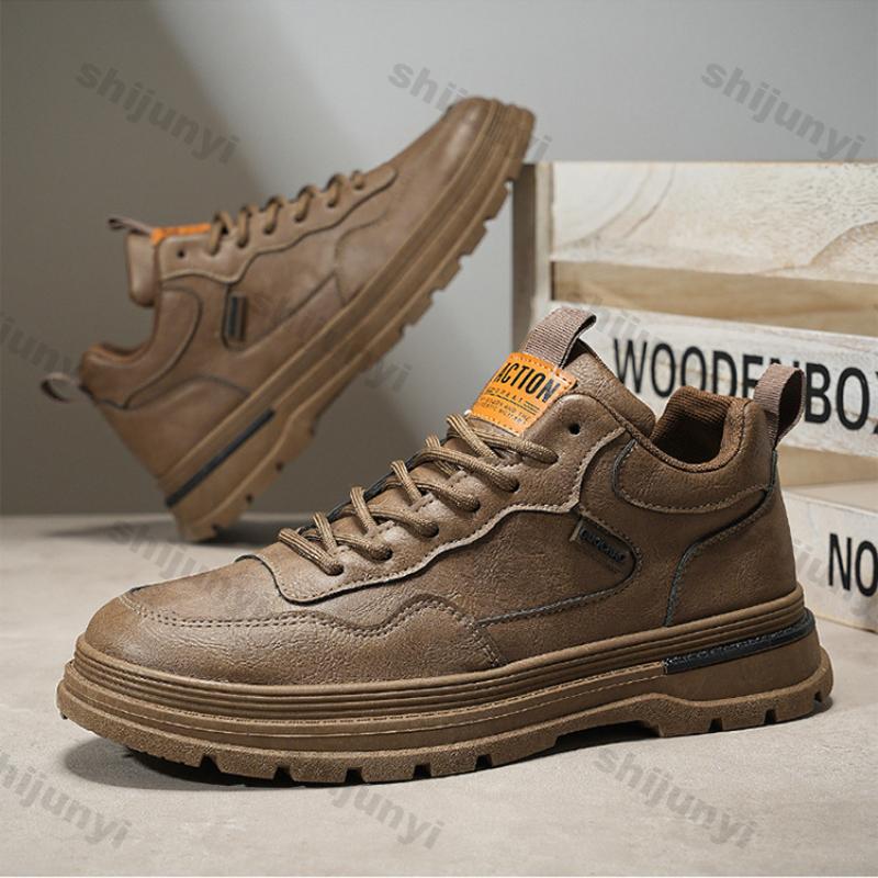 Fashion Men Casual Leather Shoes Autumn New Waterproof Work Shoes Casual Thick Soled Lace Up Anti Slip Ankle Boots Comfort Leather Botas