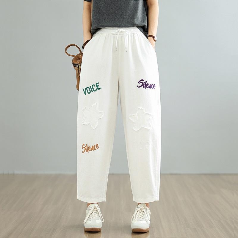 Plus Size Thin Vintage Embroidery High Waist Casual Loose Women Summer Jeans Denim Harem Pants