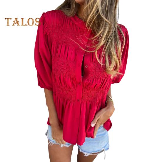 Camicia da donna abbottonata estiva a maniche corte a sbuffo con scollo a O, top casual a vestibilità ampia con pieghe per l'uso quotidiano, le vacanze