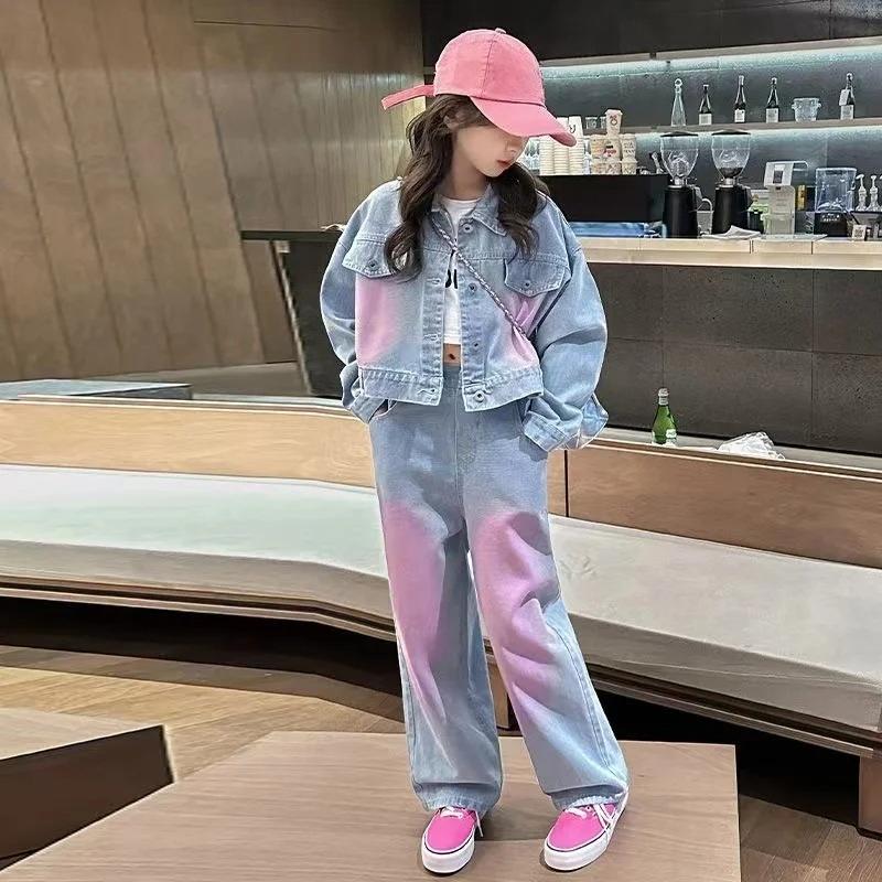 Mädchen Frühling Herbst Set Mode Große Kinder Frühling Kleidung Dopamin-Spray Farbe Denim Zweiteiler Trend