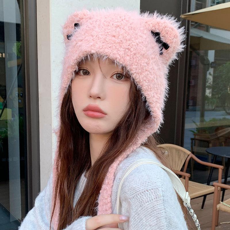 Fashion Bow Knitted Warm Hat Women Autumn and Winter Pullover Ear Protector Braid Plush Hat Riding Electric Car Hat