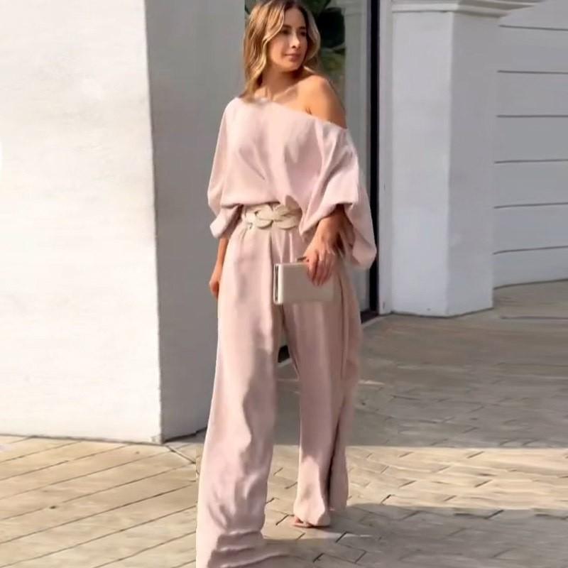 Womens Off Shoulder Long Sleeve Top Wide Leg Pants Set Casual Streetwear 2 Piece Outfit