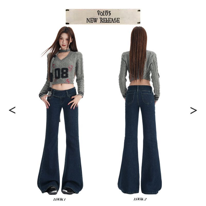 American retro design waist slightly pulled jeans women's autumn and winter new legs high waist flared pants women