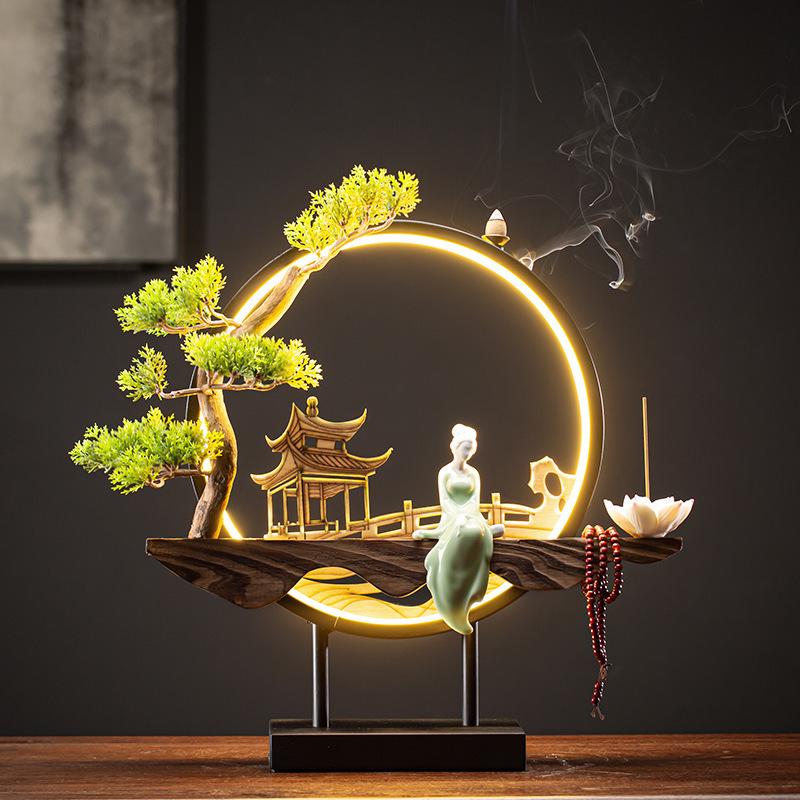 Chinese-Style TV Cabinet Backflow Incense Burner with LED Night Light - Dongting Lake Gift