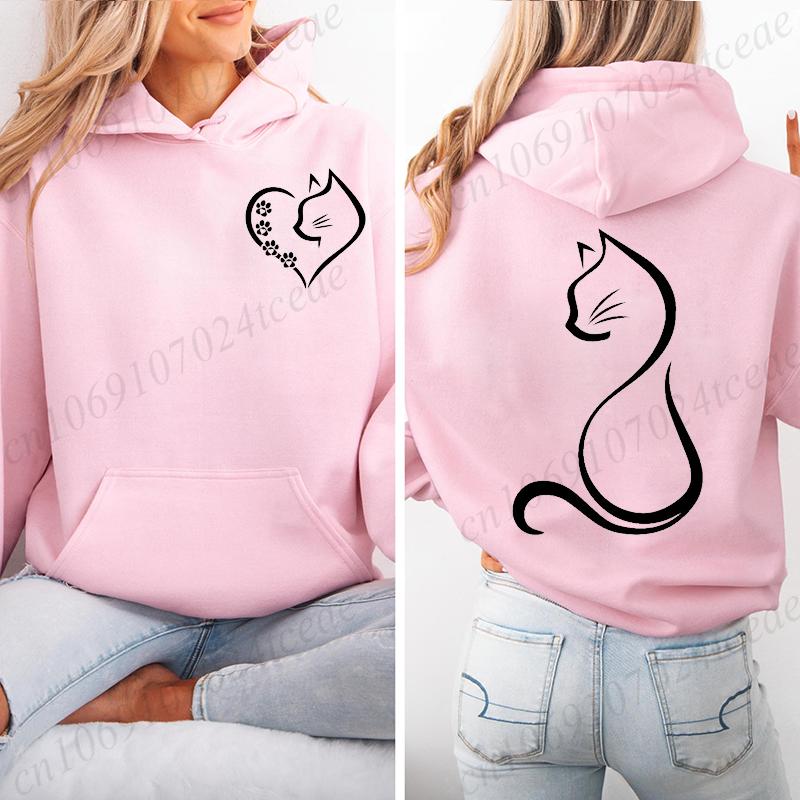 Love Heart Cat Fashion Teen Sweatshirt Fleece Autumn Winter Female Hoodies Hooded Sweatshirts Womens Cat Lover Sporwear  Tops