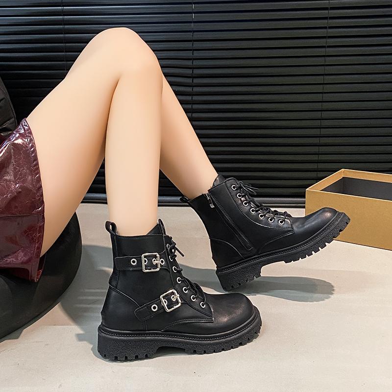 Bottines Noires 2025 Talon Carré Lacets Avant Femmes New Rock Bottes de Moto Grandes Tailles Plateforme Chaussures Femme Zapatos De Mujer