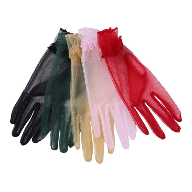 Ultra Thin Transparent Gauze Lace Full Finger Gloves Short Tulle Women Wedding Mesh Elastic Wrist Black