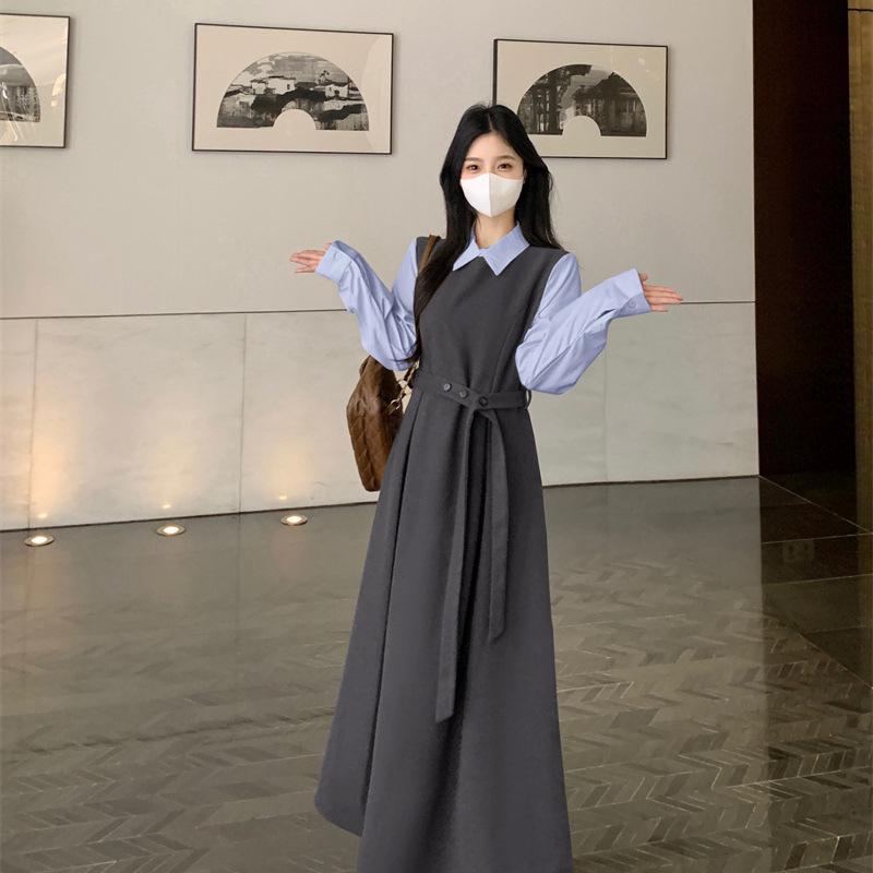French-Style Two-Piece Long-Sleeve Plus Size Elegant Spring Dress with Waist-Cinched Skirt