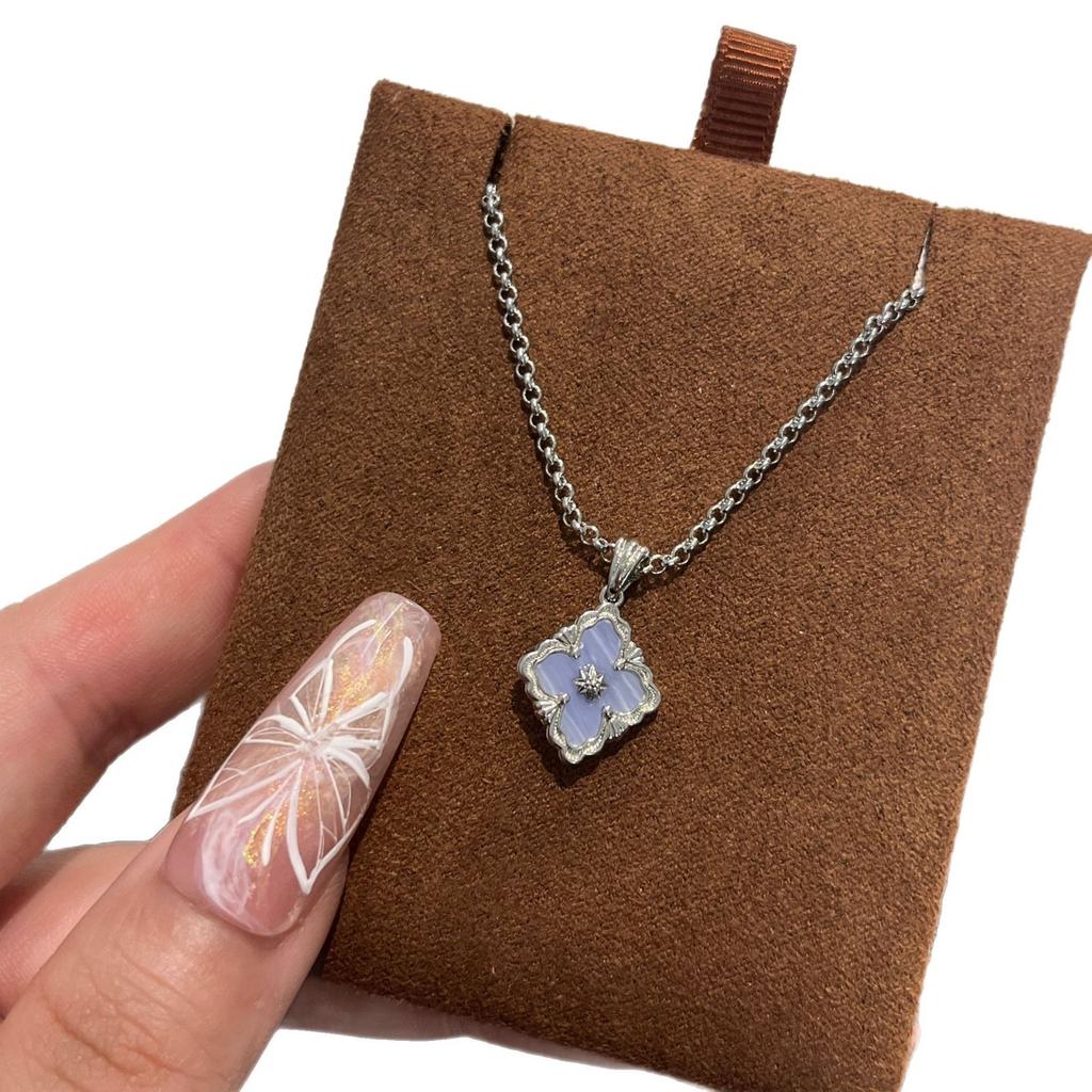 Butcher Brass Small Four-Leaf Clover Purple Chalcedony Pine Necklace Double-Sided Wear Old Money Light Luxury Premium Clavicle Chain