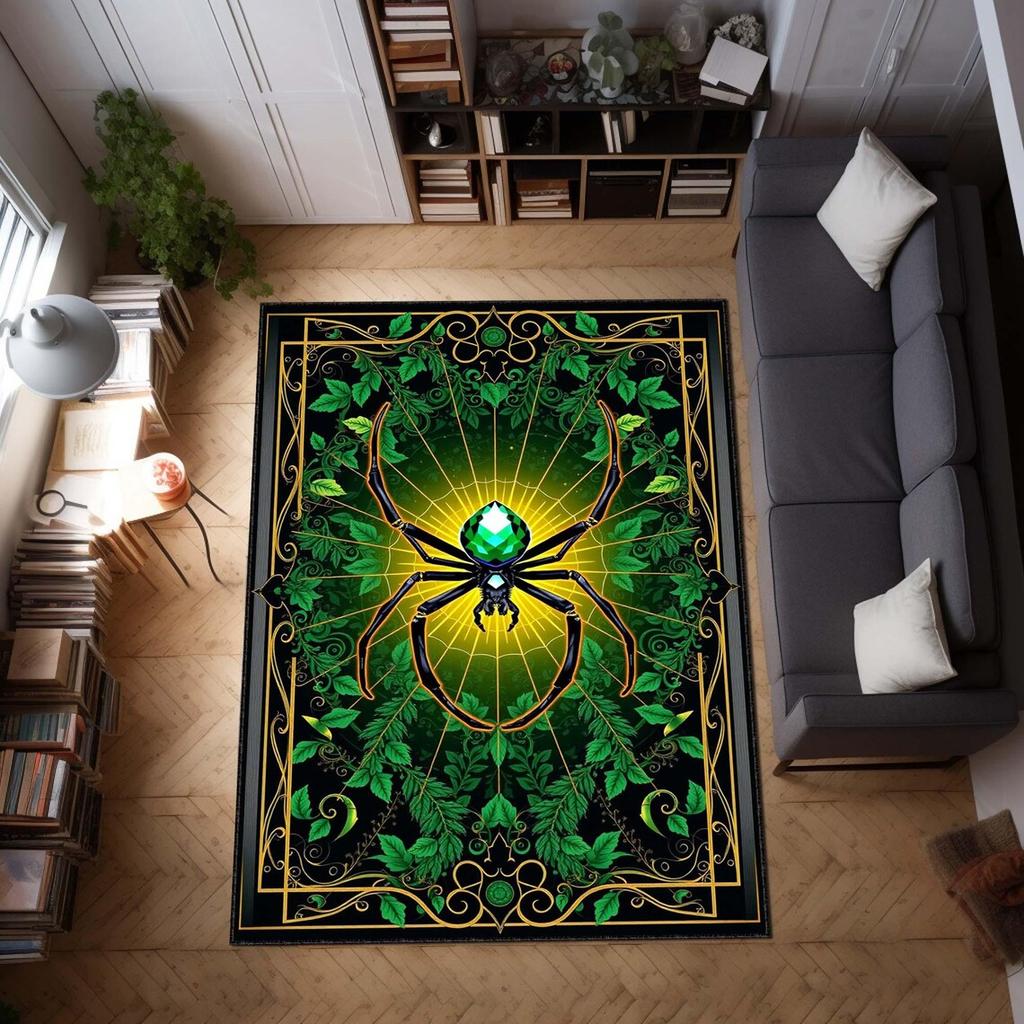 Gothic Spider Art Deco Rug, Mysterious Leave Pattern Area Carpet, Dark Aesthetic Floor Mat, Occult-Inspired Home Decor Rug
