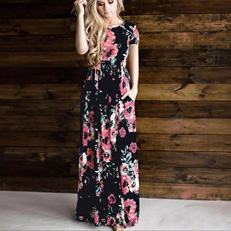 Women's Summer Long Dress Floral Print Boho Beach Dress Tunic Maxi Dress Evening Party Dress