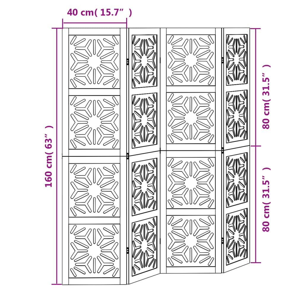 4 Piece Room Divider In Brown and Black Solid Paulownia Wood
