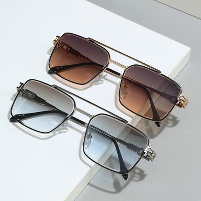 Lunettes de soleil à double pont tendance Bords coupés Protection UV Luxe Monture Métal Verres Dégradés pour Hommes et Femmes