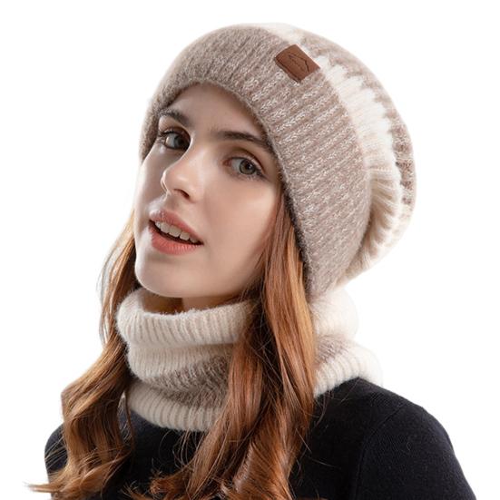 Yousheng 2 Pcs/Set Men Winter Hat Neck Warmer Thick Knit Stretchy Contrast Color Ear Protection Keep Warm Daily Wear Dome Cap Outdoor Skiing Skating