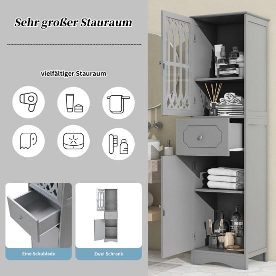 Bathroom Cabinet with Drawer Dual Doors 2 Compartments Adjustable Shelf Hollow Modern Freestanding Tall Floor Narrow Storage Cabinet