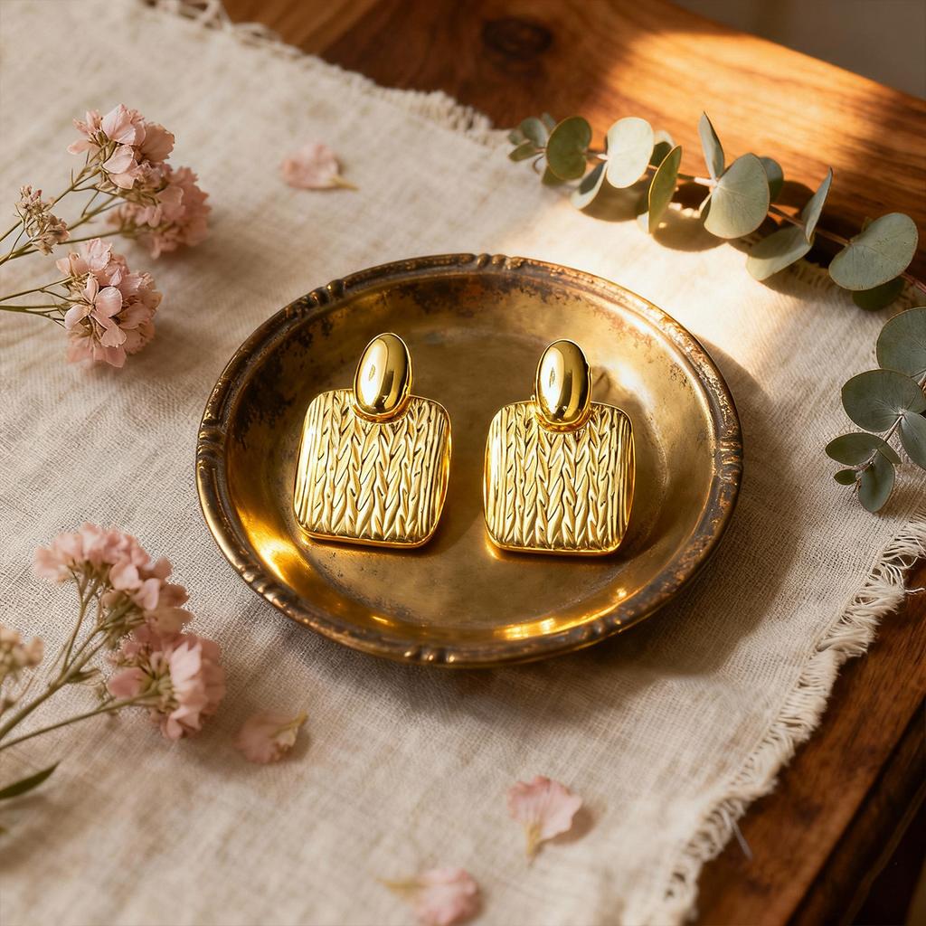 Vintage Rectangular Earrings – 14K Gold-Tone PVD Plated with Hammered Texture, Hypoallergenic Minimalist Studs for Everyday Wear