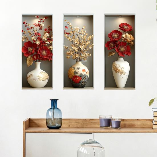 3 Sheets 3D Flower Vase Wall Stickers Faux Floral Wall Decals Peel And Stick Wall Art Mural for Living Room Bedroom Office Home Decor