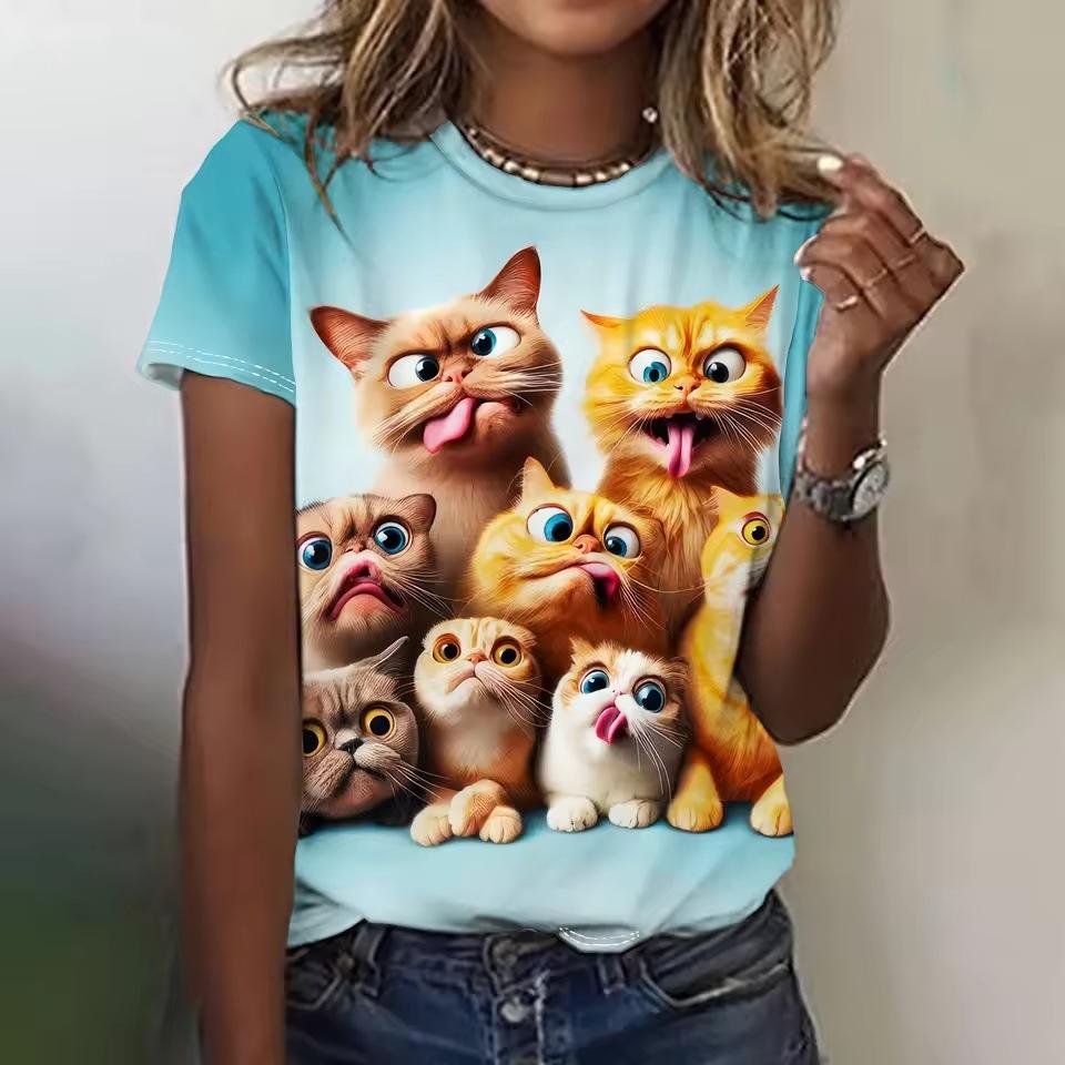 Women's T-shirt 3D Cartoon Animal Print Casual Round Neck Short Sleeved Summer Loose Top Y2k T-shirt