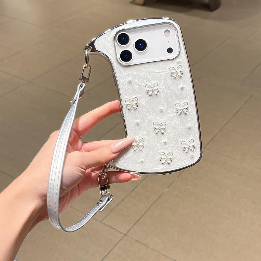 Elegant Pearl & Butterfly Shoulder Phone Case for iPhone 12-17 Series — Adjustable Strap, Mirror Metallic Frame