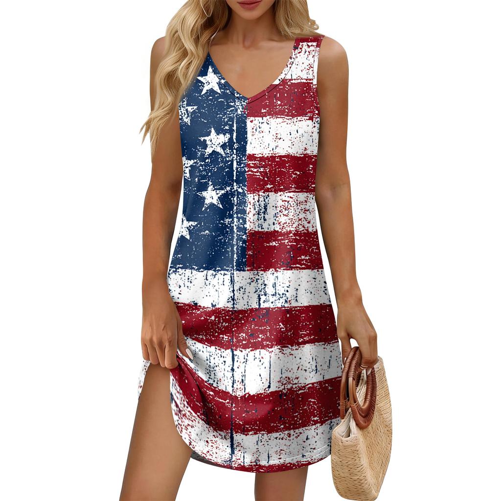 Women's Summer Casual Sun Skirt With Pocket V-Neck Independence Day Printed Loose Vest Dress