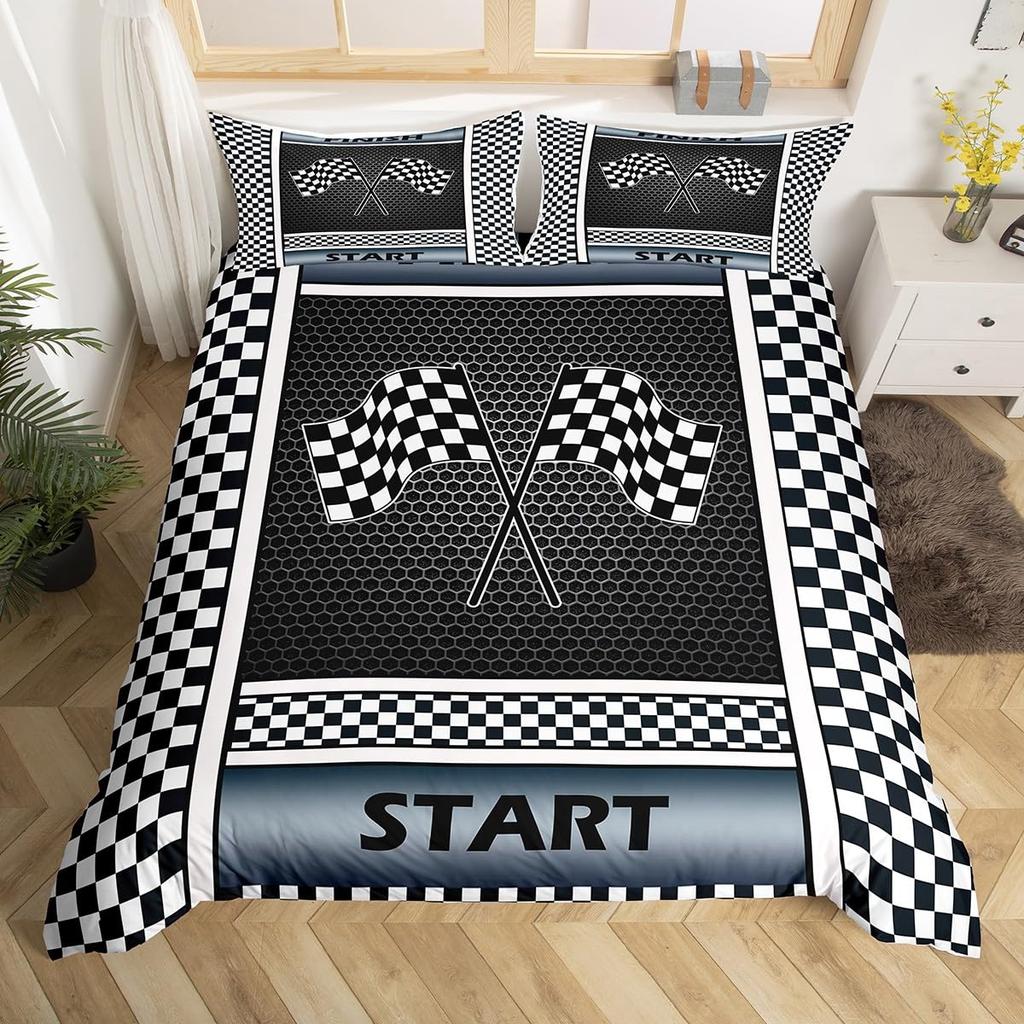 Checkered Flag Duvet Cover Sets for Teens Adults Queen Lightweight Quilt Covers Racing Themed Bedding Set Bedroom Decor No Quilt