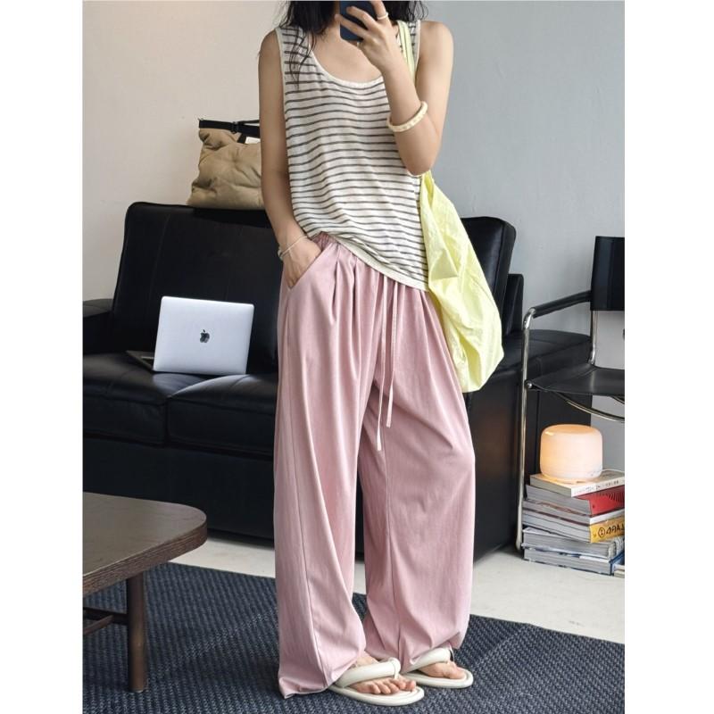 Johnature Koreanische Elastische Taille Kordelzug Hose Damen Sommer Einfach Zuhause Weich Fallend Einfarbig Locker Hose