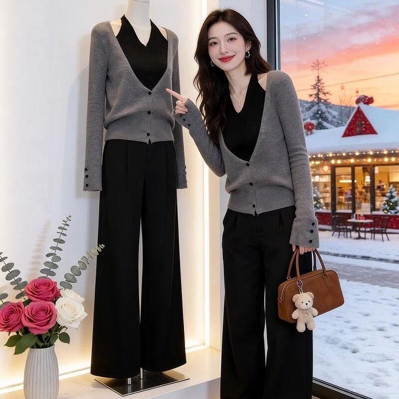 French Style Faux Two-Piece Halter Knit Sweater